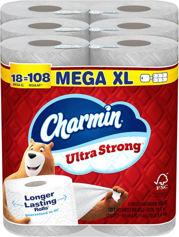 Ultra Strong Toilet Paper, 18 Mega XL Rolls = 108 Regular Rolls