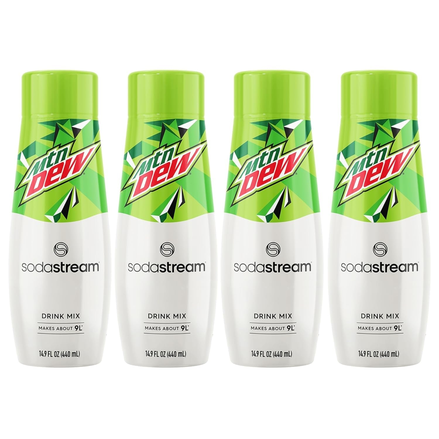 '- Mountain Dew Soda Drink Mix | for Soda Makers; Turns 9.5 Gallons of Fizzy Water into Delicious Mountain Dew | 52Mg Caffeine per 12Oz | Makes 96 Servings | 14.9 Fl Oz, Pack of 4