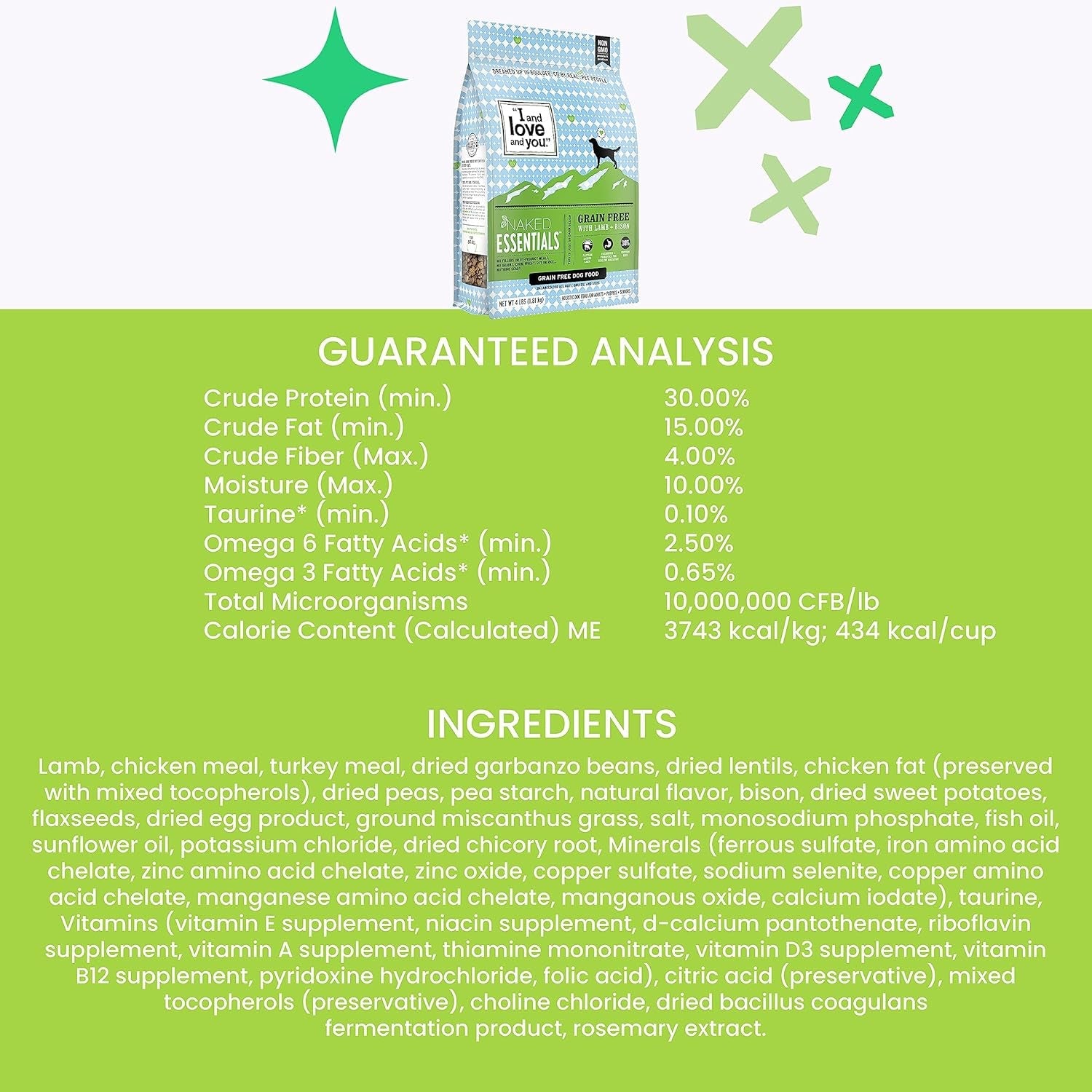 Naked Essentials Dry Dog Food - Lamb + Bison - High Protein, Real Meat, No Fillers, Prebiotics + Probiotics, 4Lb Bag