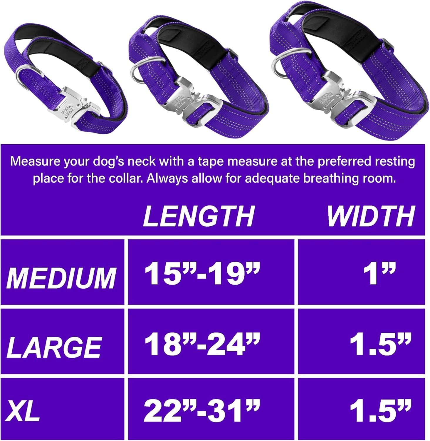'- Tactical Dog Collar Ultra-Soft Neoprene Padded Dog Collars for Medium, Large, XL Dogs | Heavy Duty Metal Buckle | Padded Handle for Dog Training (Large, Purple)