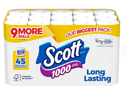 Scott 1000 1-Ply Toilet Paper 45 rolls, 1,000 sheets/roll