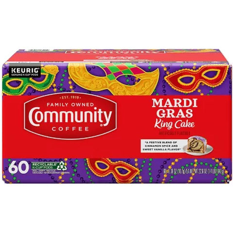 Community Coffee Medium Roast Coffee Pods, Mardi Gras King Cake, 60 Ct.