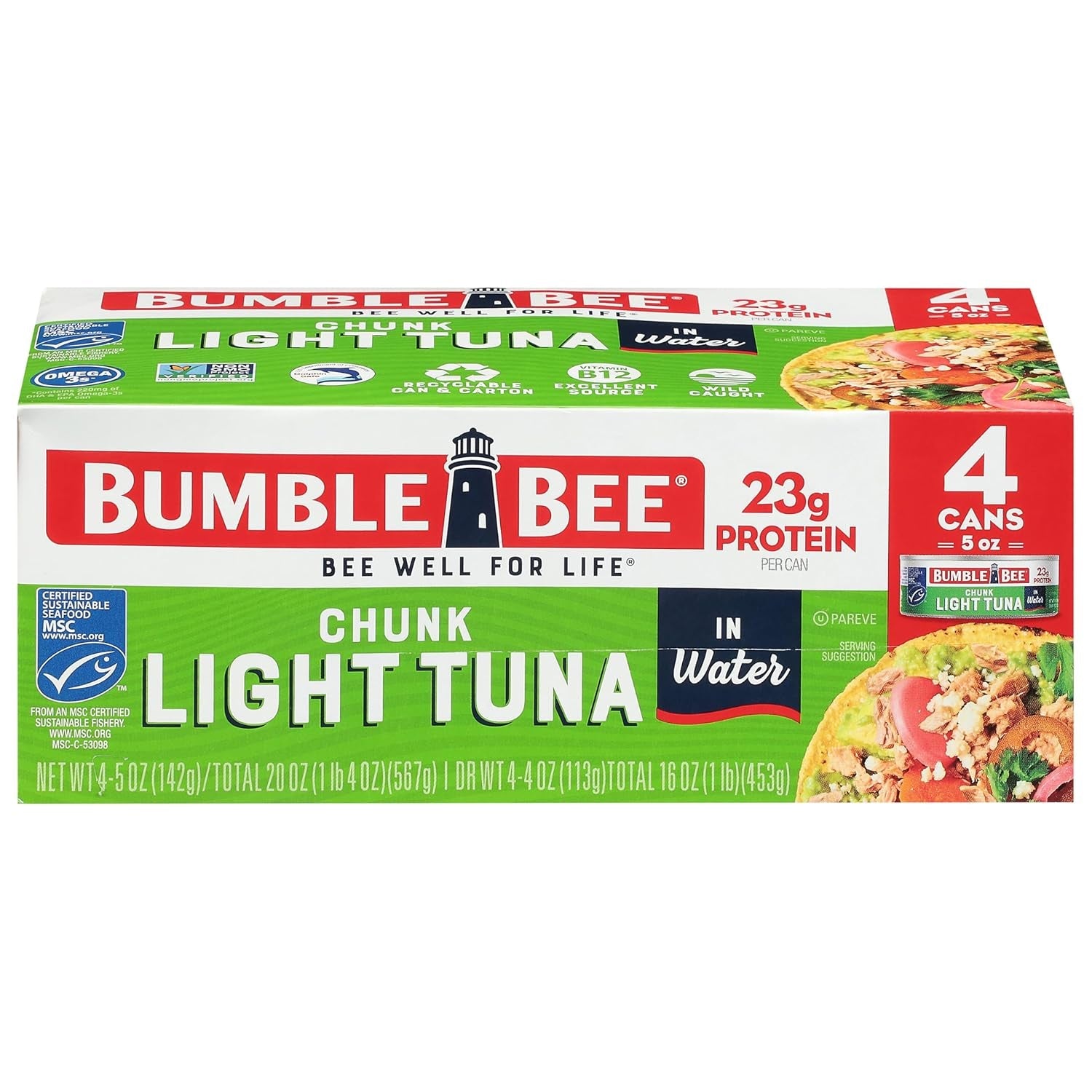Chunk Light Tuna in Water, 5 Oz Cans (Pack of 4) - Wild Caught Skipjack Tuna - 22G Protein per Serving - MSC Certified Sustainable Seafood, Non-Gmo, Gluten Free, Kosher