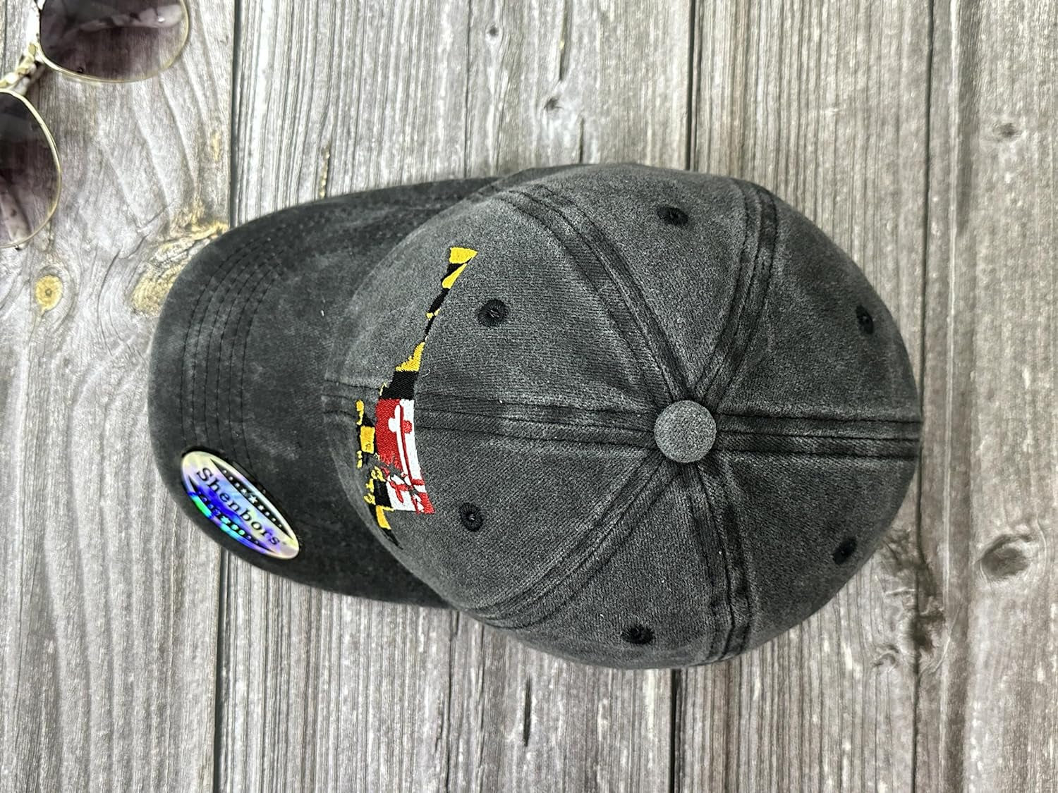 Embroidered Maryland State Flag Hat for Kids Women Men, Washed Black Distressed Denim Baseball Cap Adjustable Dad Hat Unisex