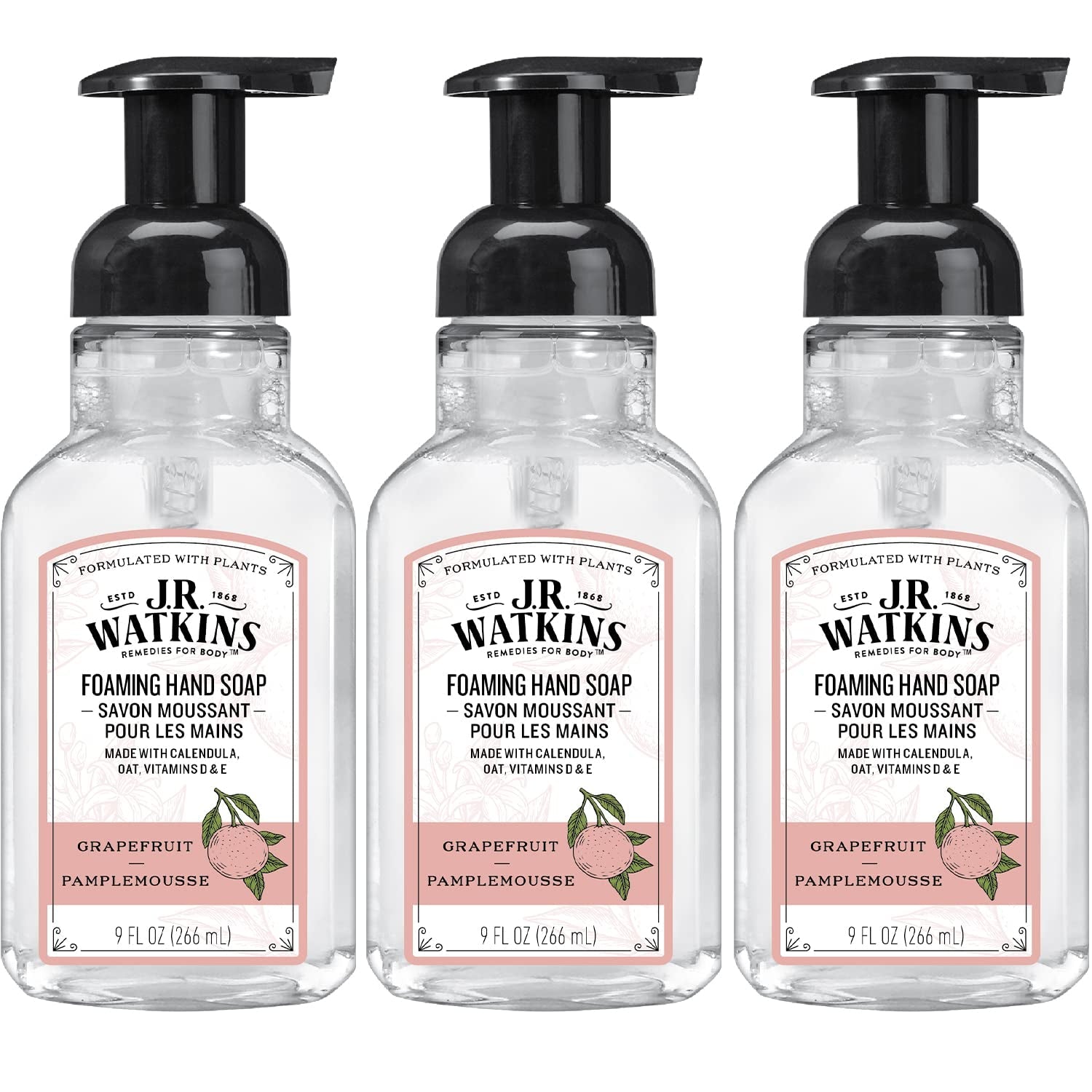 Foaming Hand Soap with Pump Dispenser, Moisturizing Foam Hand Wash, All Natural, Alcohol-Free, Cruelty-Free, USA Made, Grapefruit, 9 Fl Oz, 3 Pack