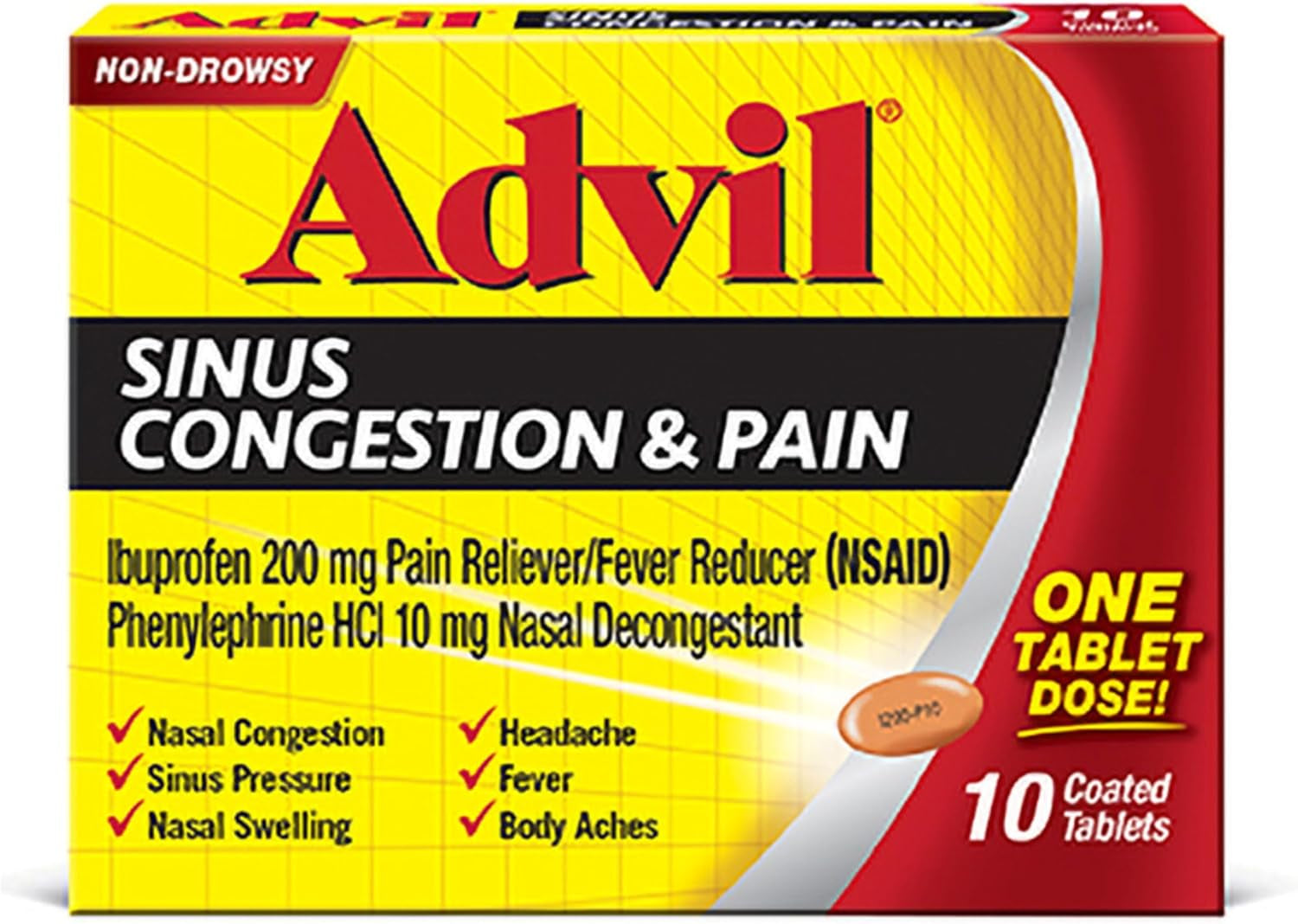 Sinus Congestion and Pain, Sinus Relief Medicine, Pain Reliever and Fever Reducer with Ibuprofen and Phenylephrine Hcl - 10 Coated Tablets
