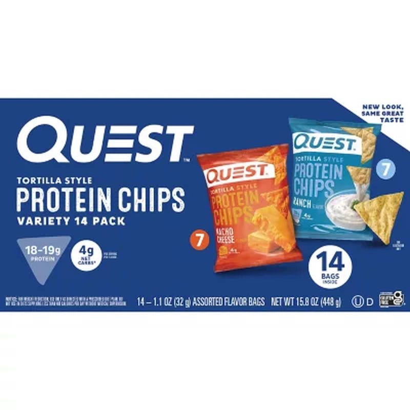 Quest Tortilla Style 18-19G Protein Chip Variety Pack, Nacho Cheese & Ranch, 14 Ct.