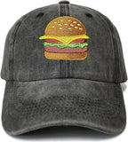 Embroidered Hamburger Baseball Hat for Men Women Adults, Washed Black Cheese Burger Embroidery Snapback Adjustable Dad Hat