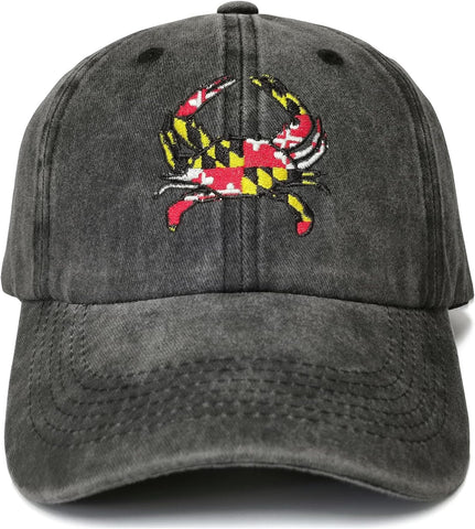 Embroidered Maryland State Flag Crab Shaped Hat for Kids Women Men, Washed Black Adjustable Trucker Hat Cotton Embroidery Dad Hat