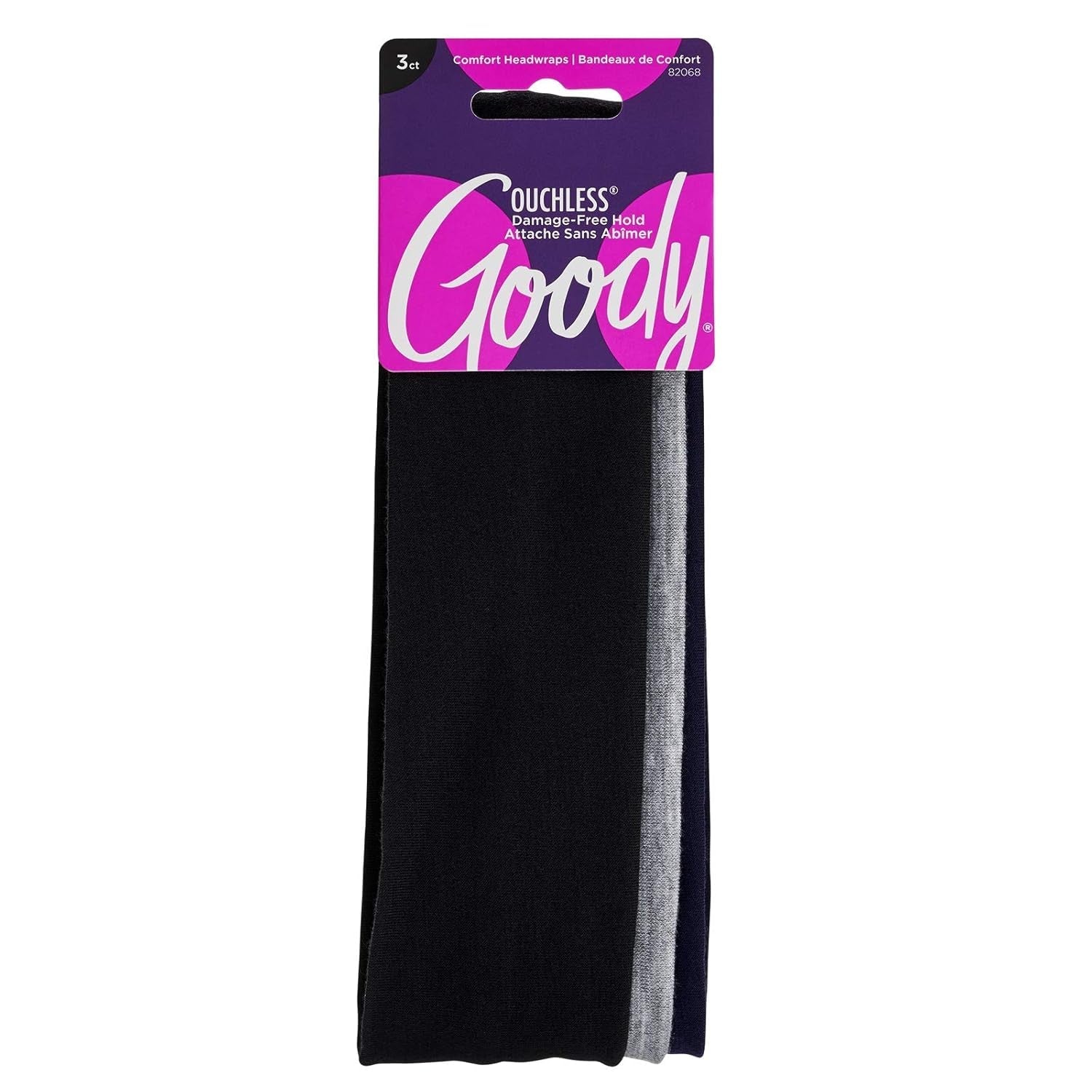 Ouchless Comfort Head Wraps - 3 Ct, Black/Grey, Soft & Stretchy Fabric Headbands for Women & Men, Secure Hold Yoga, Workout Headband, Versatile Hair Accessories for All-Day Wear, All Hair Types