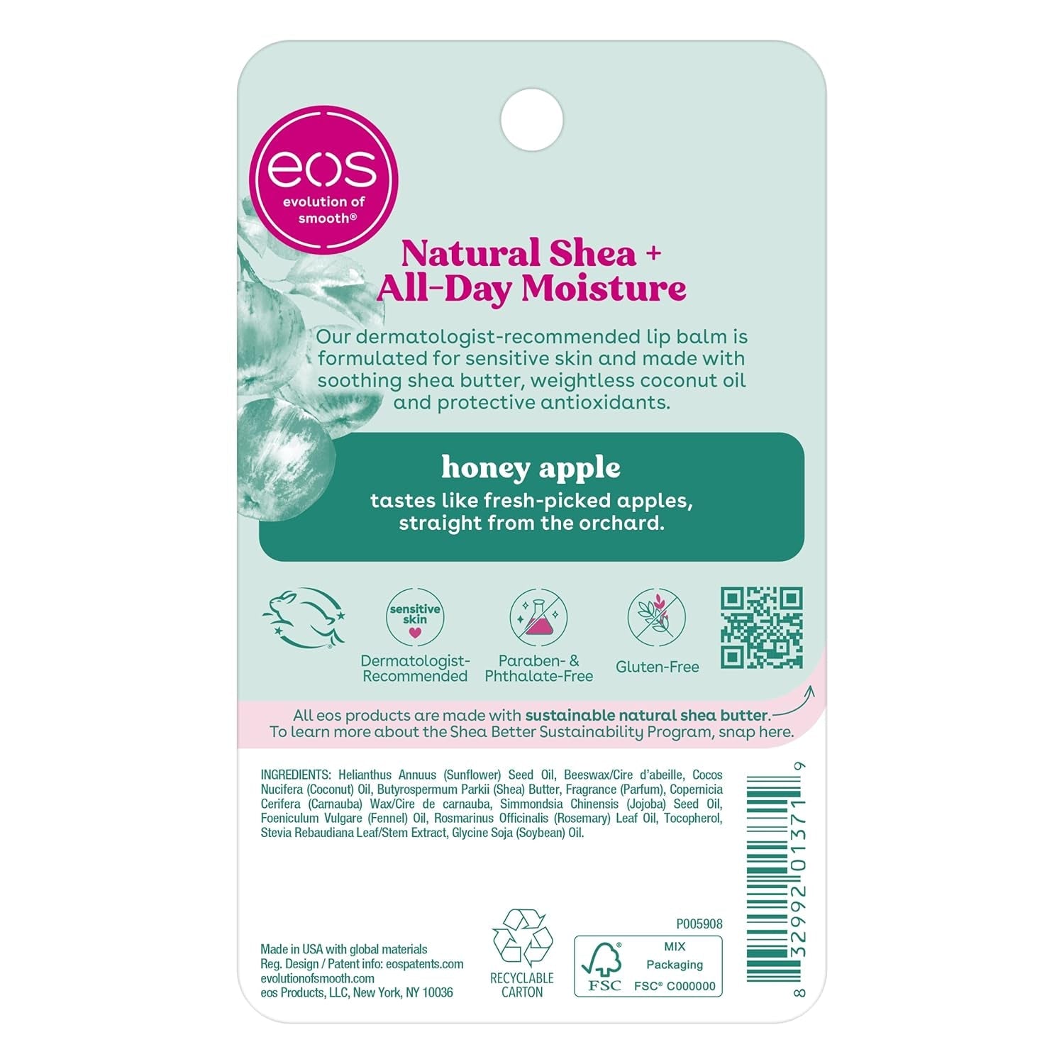 Natural Shea Lip Balm- Honey Apple, All-Day Moisture, Made for Sensitive Skin, Shea Lip Care Products, 0.25 Oz