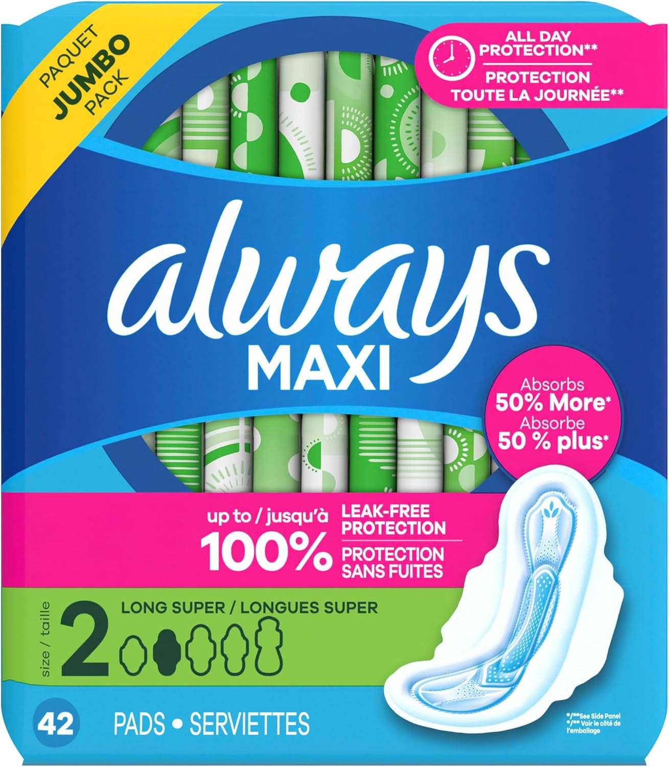 Maxi Feminine Pads with Wings for Women, Size 2, Long Super Absorbency, Unscented 42 Count (Packaging May Vary)