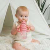 Milestones Narrow Sippy Straw Bottle, Spill-Proof with 100% Silicone Handles and Weighted Straw, 8 Oz/250 Ml, Pink, 6M+