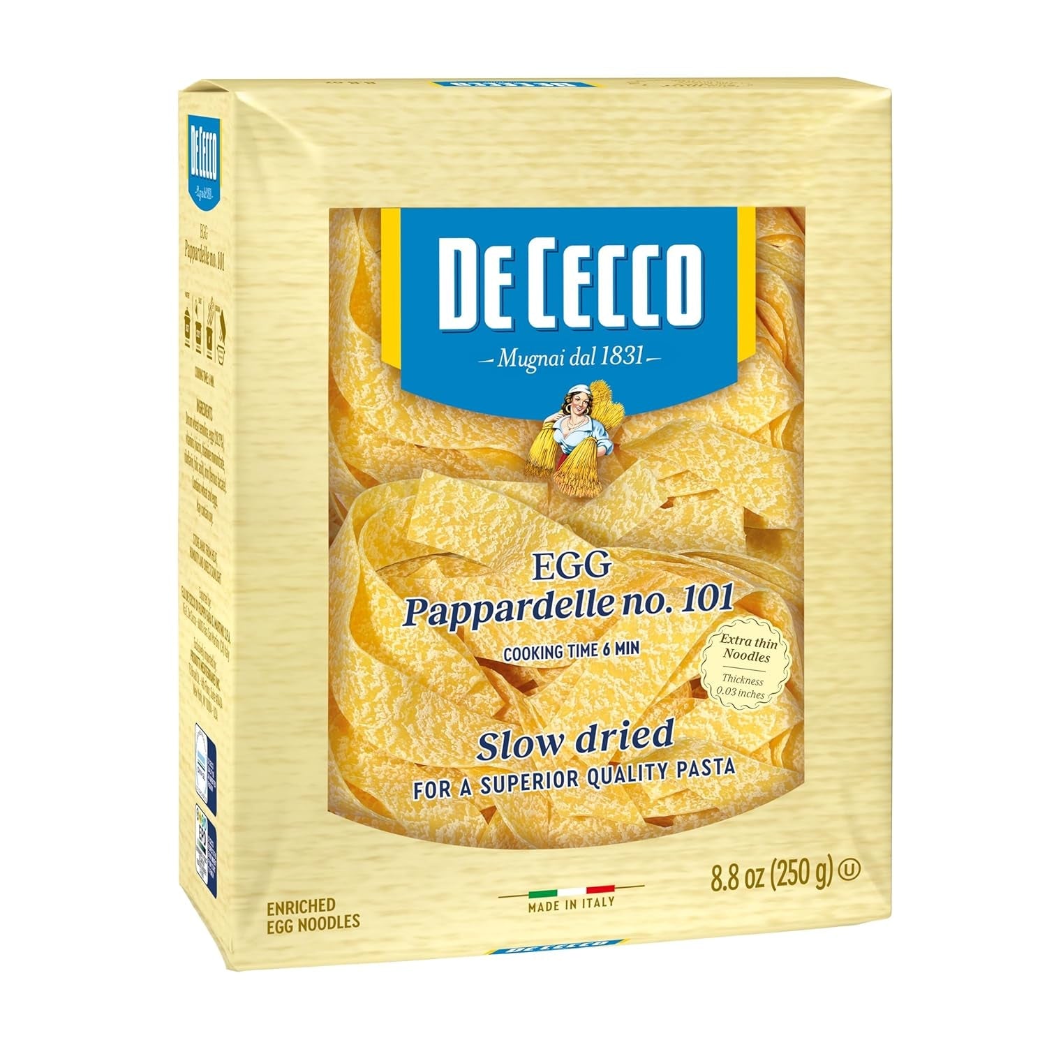 Egg Pappardelle No. 101 Pasta, 8.8 Oz, Authentic, Slow Dried, Made with Cage Free Eggs & Durum Wheat, Versatile Pasta for Sauces & Recipes, Made in Italy
