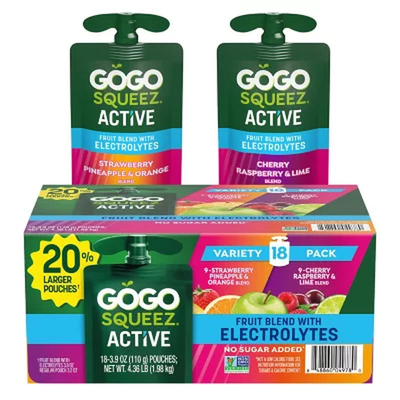 Gogo Squeez Active Fruit Blend with Electrolytes Variety Pack 3.9 Oz., 18 Pk.