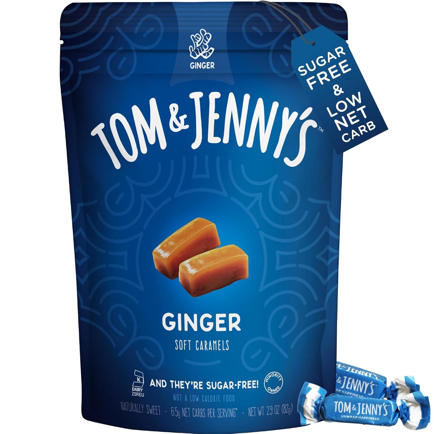 Sugar Free Candy Soft Caramels Individually Wrapped - Sea Salt & Vanilla - Low Net Carb Zero Sugar Candy with Xylitol & Maltitol (Ginger Caramel) Keto Candy 1 Pack