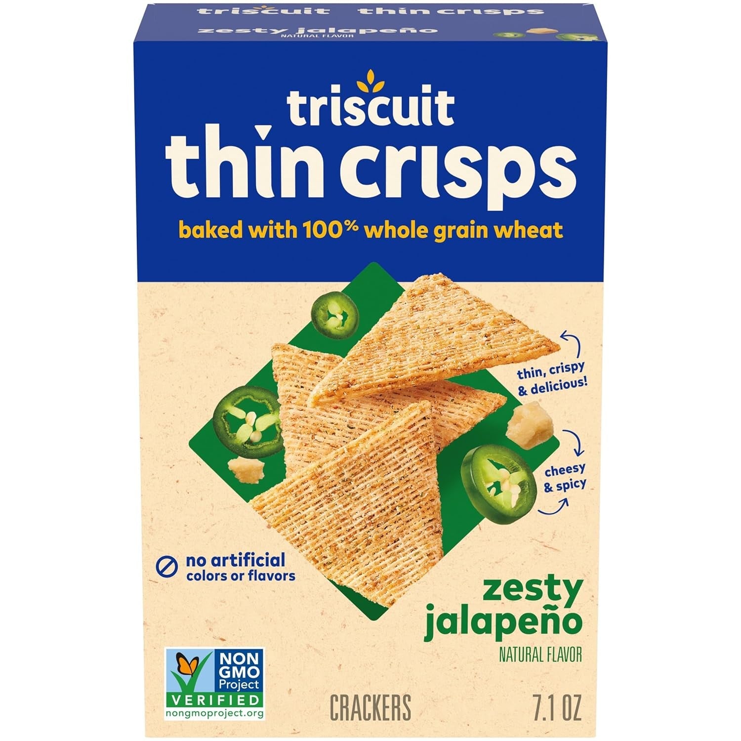 Thin Crisps Zesty Jalapeno Whole Grain Wheat Crackers, Lunch Snacks, Snack Crackers, 7.1 Oz