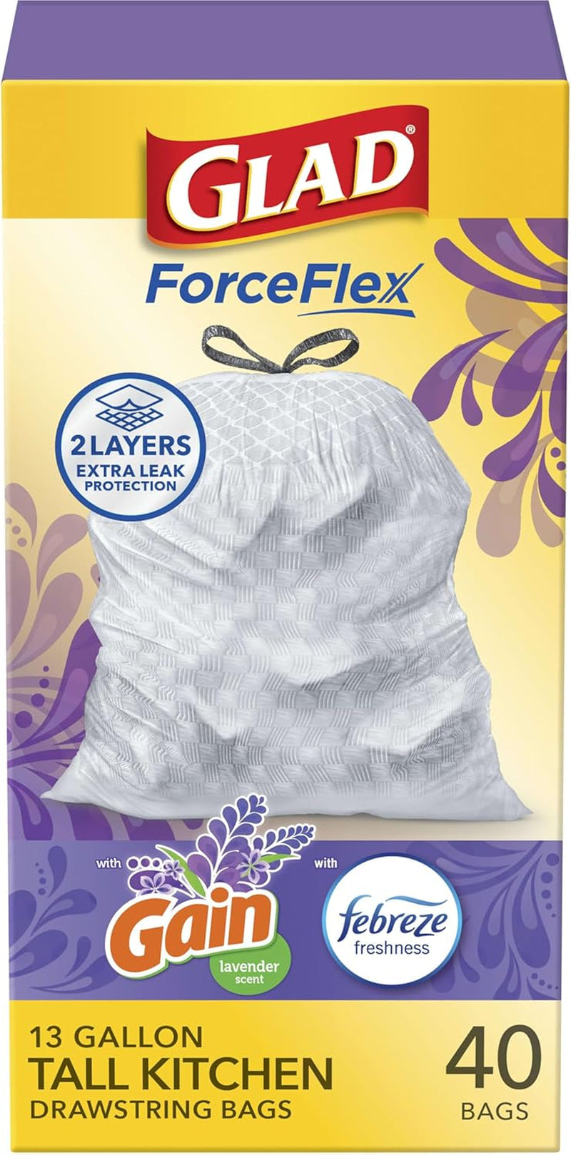Forceflex Tall Kitchen Trash Bags, 13 Gal, Gain Lavender with Febreze, 40 Ct (Pack May Vary)