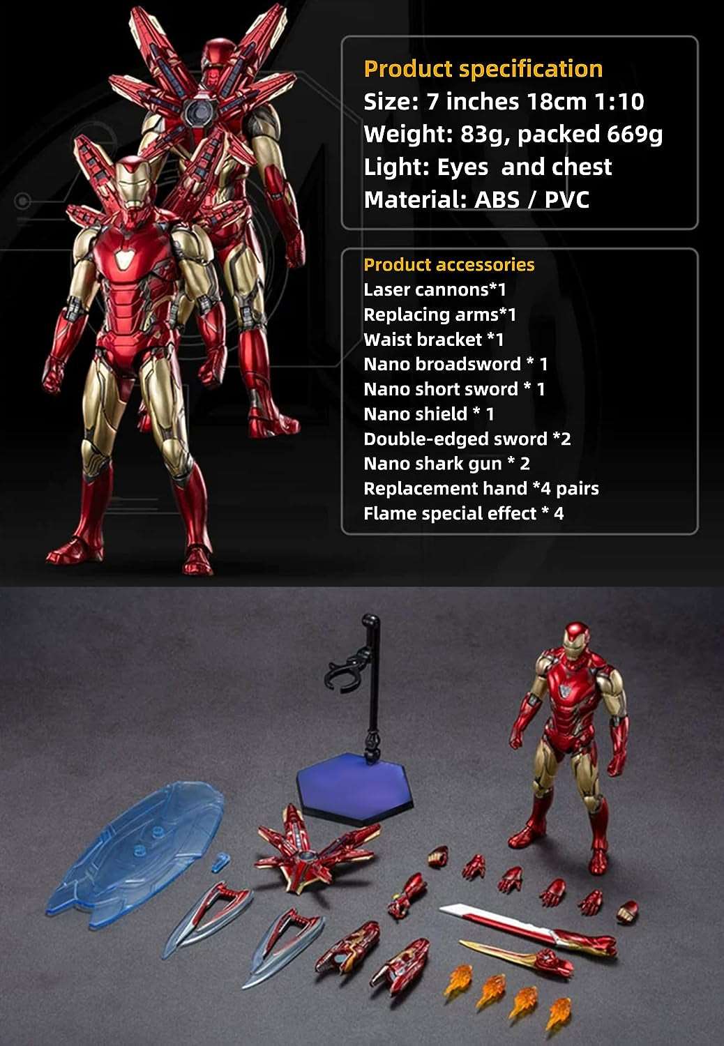 Ironman MK85 (Deluxe Version),7 Inch Collectible Action Figure with Multi Weapon Accessories,Light with Chest and Eyes,Exquisite Painting 20 Joints Movable Toy (1/10 Scale)