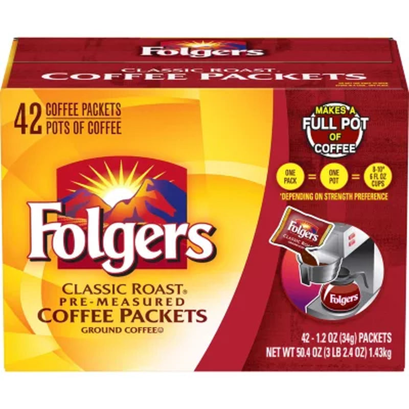 Folgers Classic Roast Ground Coffee Packets, 1.2 Oz., 42 Ct.