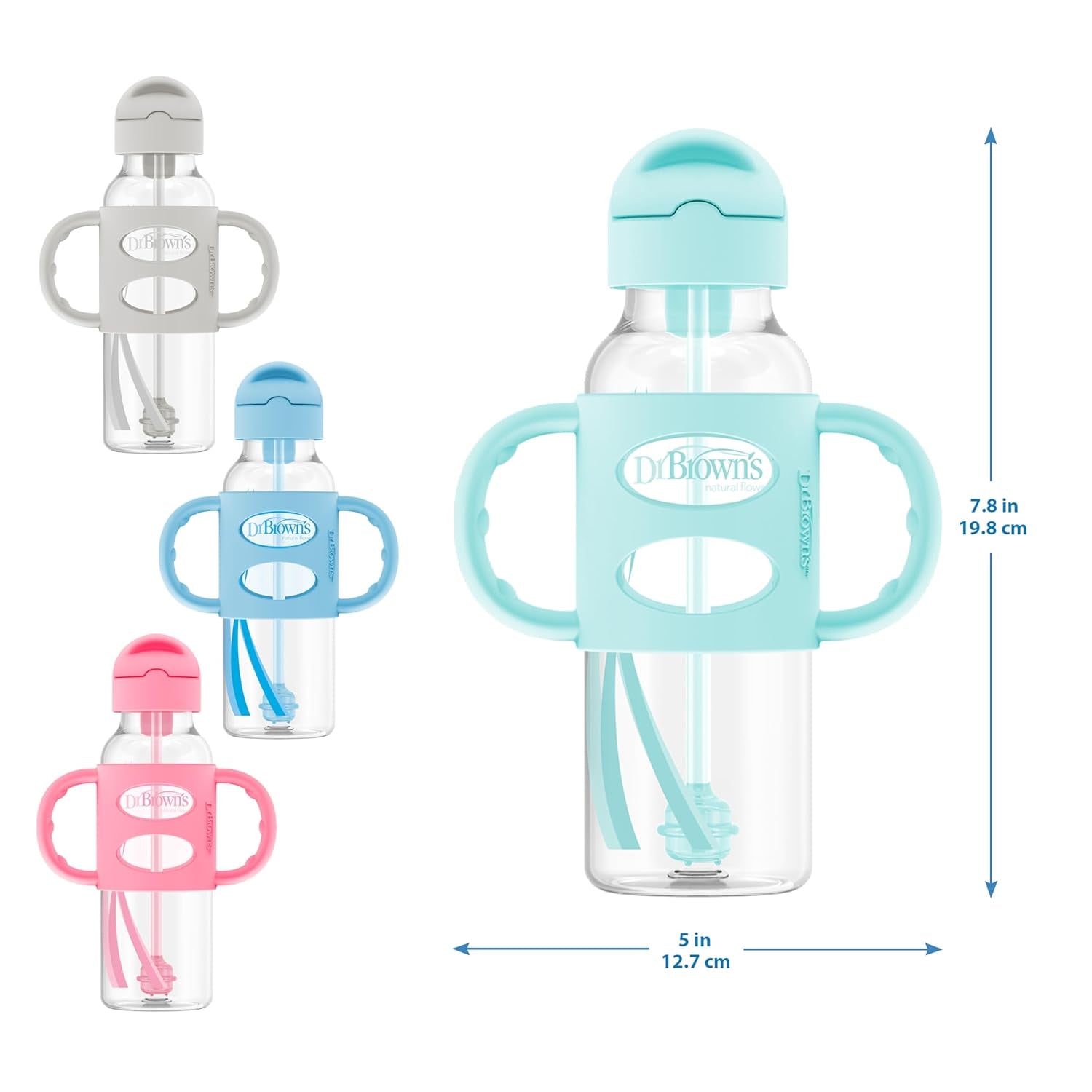 Milestones Narrow Sippy Straw Bottle, Spill-Proof with 100% Silicone Handles and Weighted Straw, 8 Oz/250 Ml, Pink, 6M+