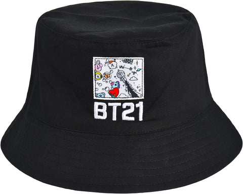 BT21 LINE Friends Bucket Hat, Graffiti Style Reversible Packable Travel Hat, Wide Brim Summer Hat, Multi, One Size