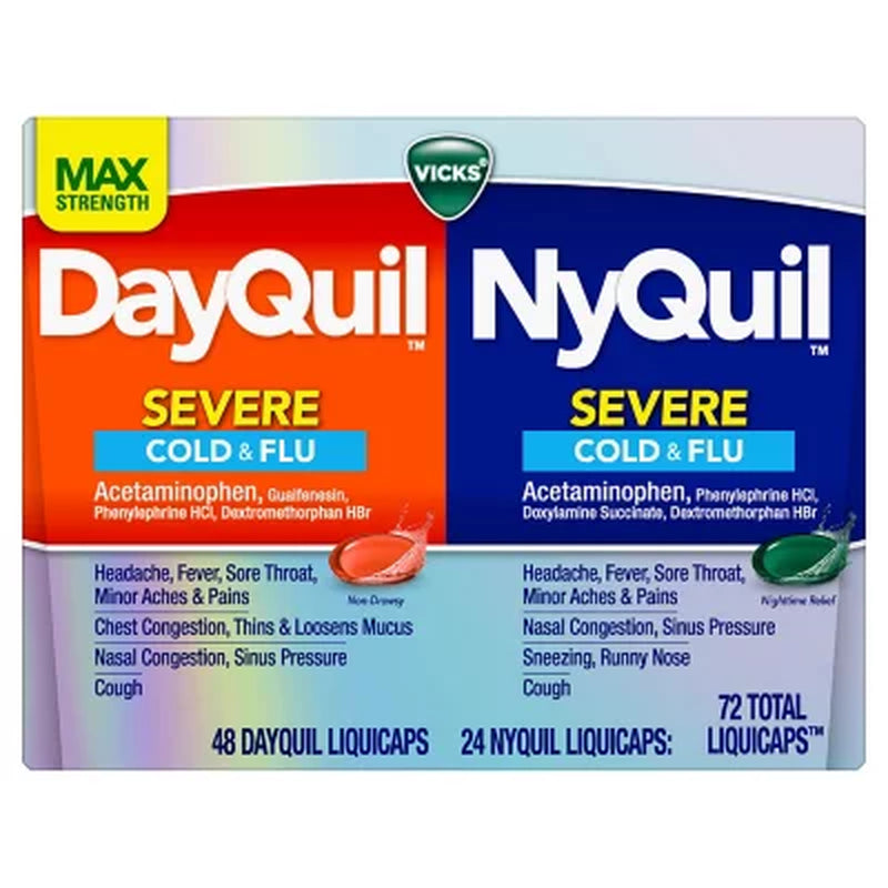 Vicks Dayquil & Nyquil Severe Cough, Cold & Flu Relief Liquicaps, 72 Ct.