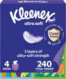 Ultra Soft Facial Tissues, 4 Cube Boxes, 60 Tissues per Box, 3-Ply (240 Total), Packaging May Vary