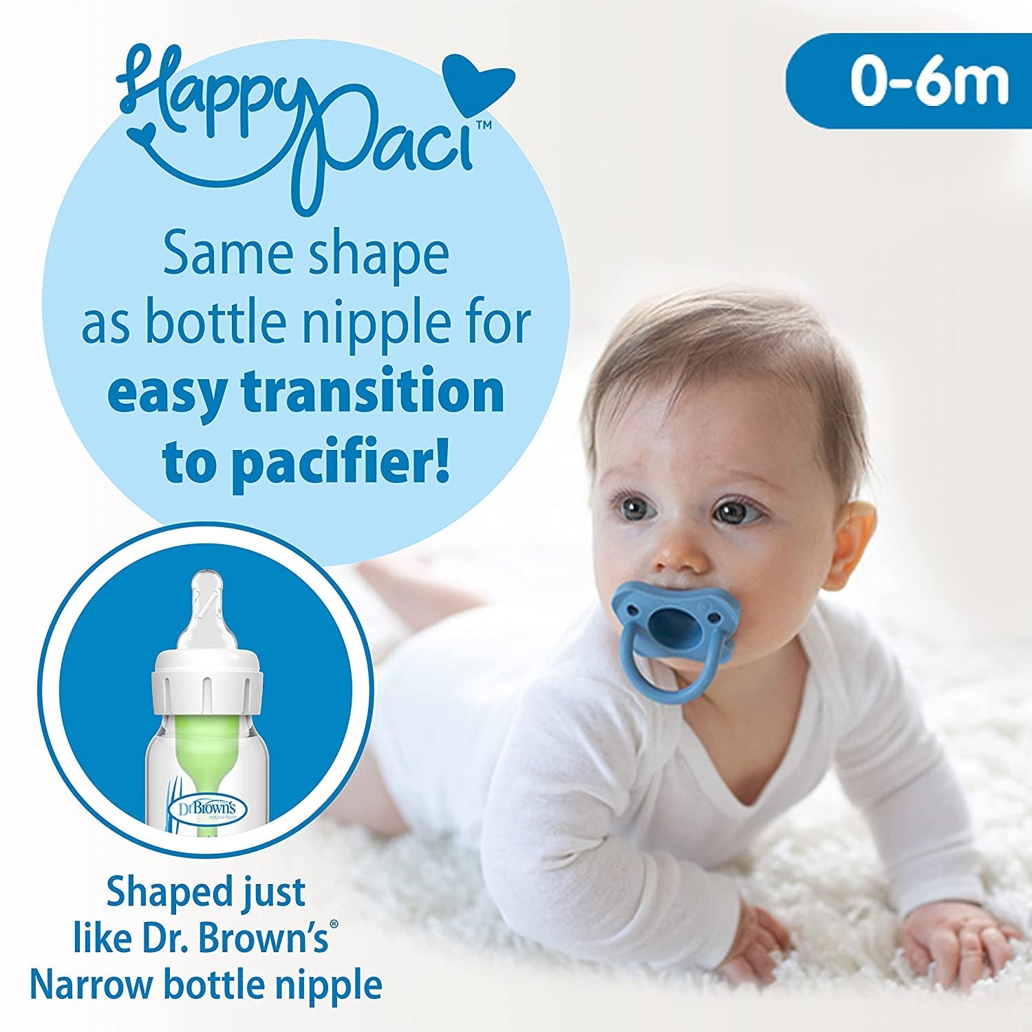 Happypaci 100% Silicone Baby Pacifier, Contoured One-Piece Design, White, Blue, Light Blue, 0-6M, Bpa-Free, 3 Pack