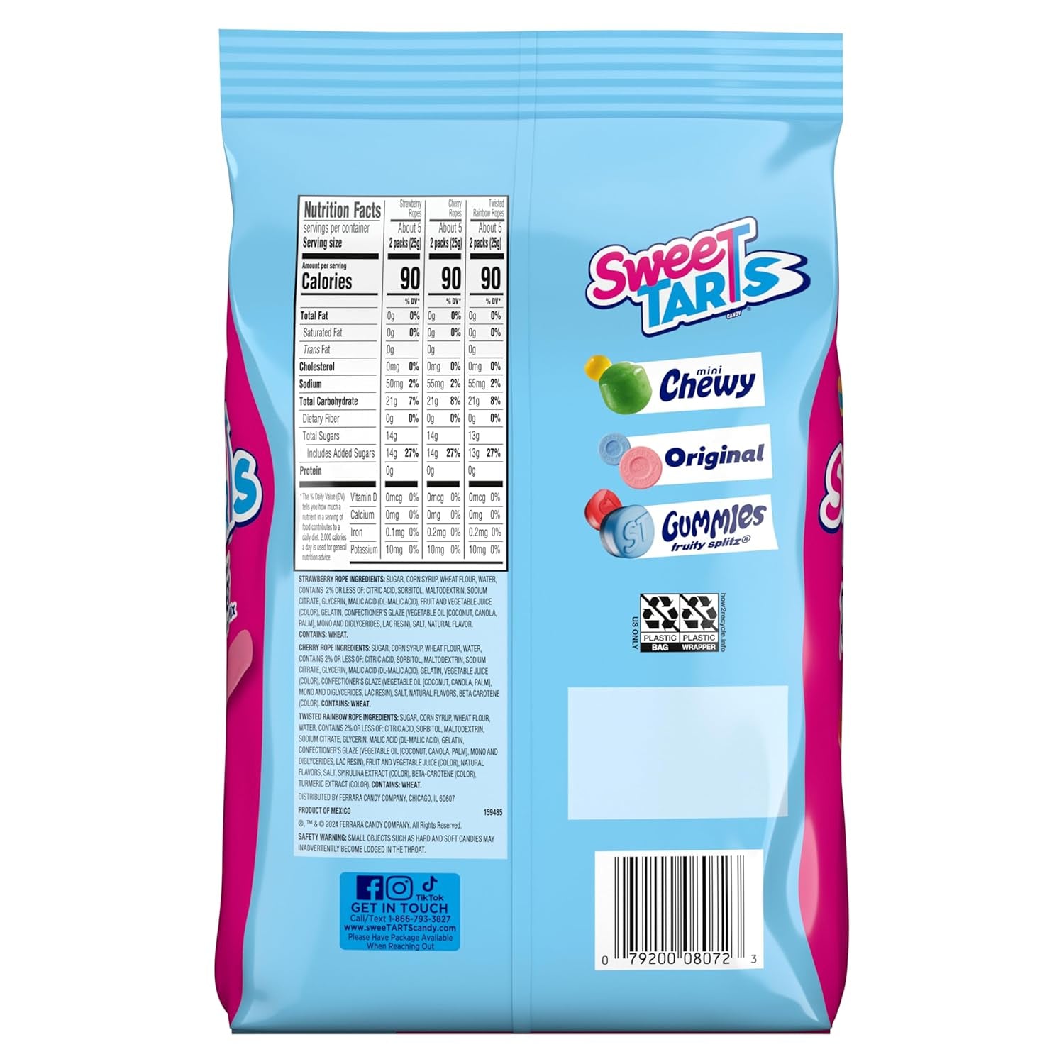 Ropes Candy, Variety Mix, Cherry Punch, Twisted Rainbow Punch, Tangy Strawberry, Soft and Chewy, 15 Oz