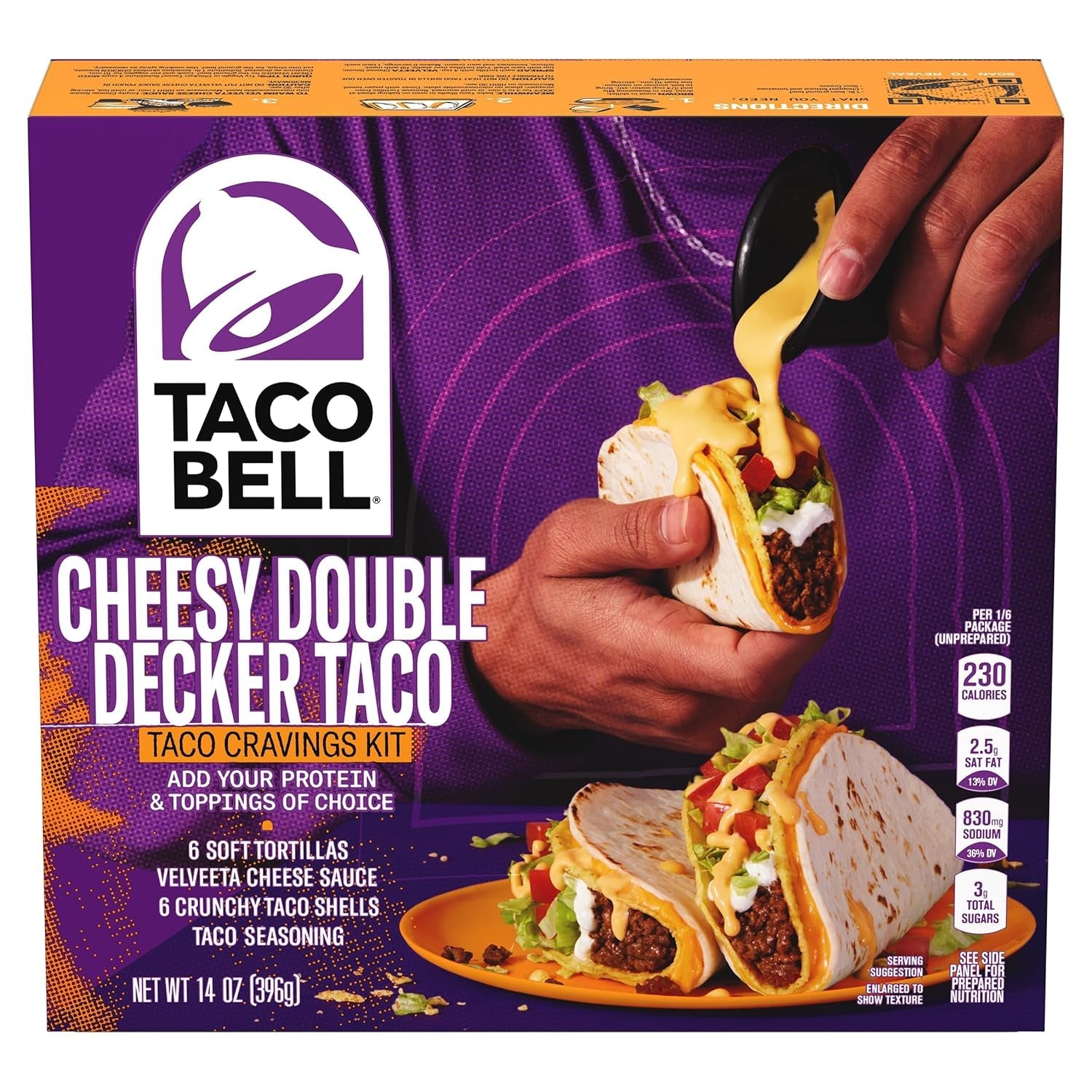 Cheesy Double Decker Taco Dinner Kit with 6 Soft Tortillas, 6 Crunchy Taco Shells, Velveeta Cheese Sauce & Seasoning, 14 Oz Box