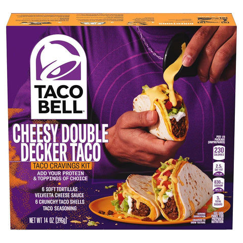 Cheesy Double Decker Taco Dinner Kit with 6 Soft Tortillas, 6 Crunchy Taco Shells, Velveeta Cheese Sauce & Seasoning, 14 Oz Box