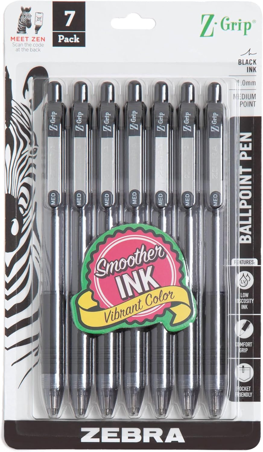 Z-Grip Retractable Ballpoint Pen, Medium Point, 1.0Mm, Black Ink, 7-Pack (22271)
