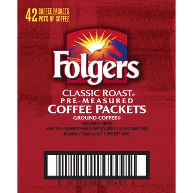 Folgers Classic Roast Ground Coffee Packets, 1.2 Oz., 42 Ct.