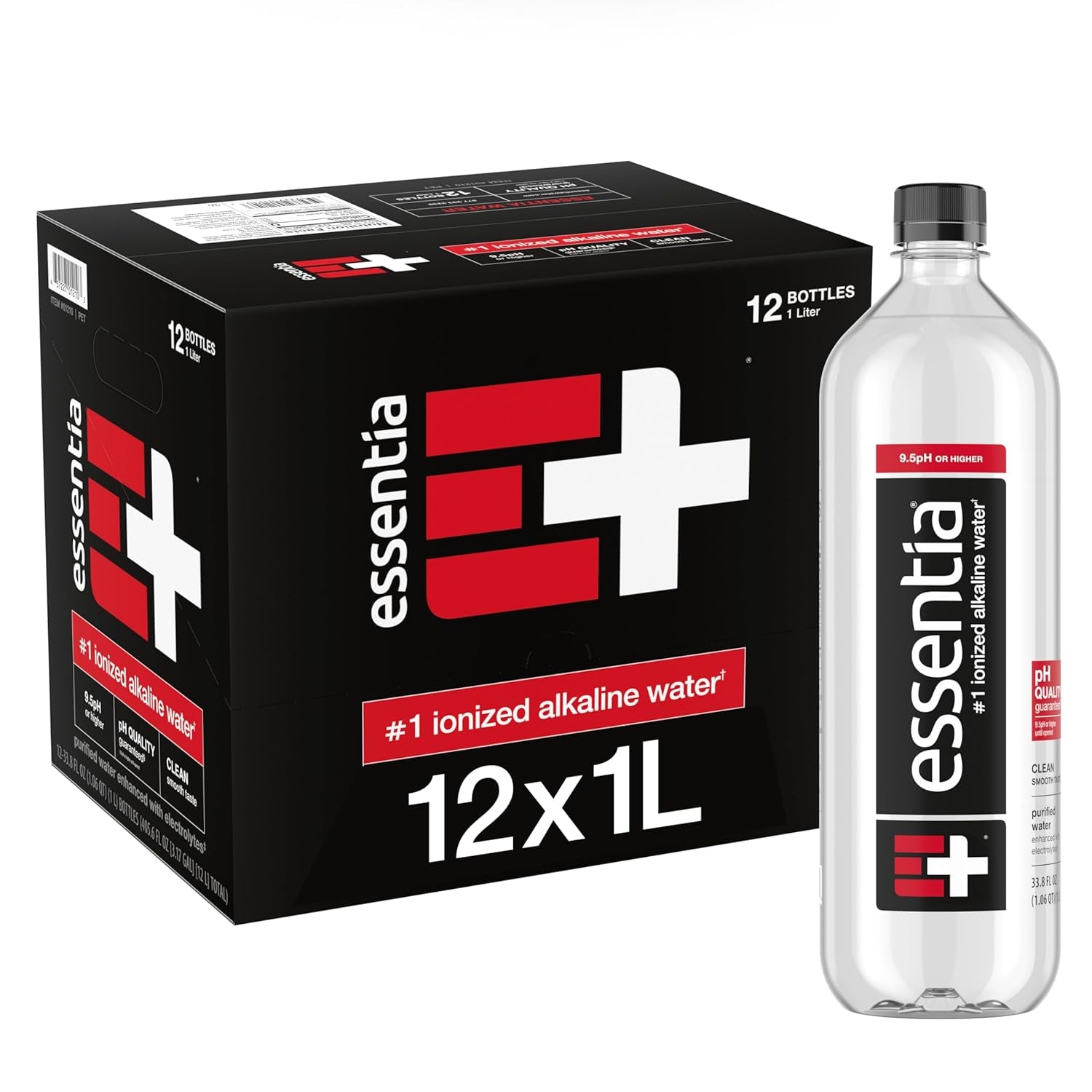 Essentia Water Bottled, Ionized Alkaline Water:99.9% Pure, Infused with Electrolytes, 9.5 Ph or Higher with a Clean, Smooth Taste, 1 Litre (Pack of 12)