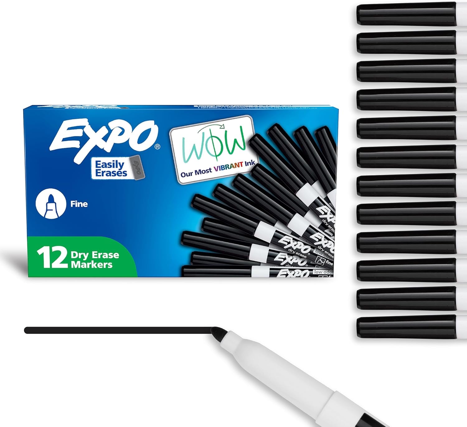 Dry Erase Markers, Low Odor Ink, Black, Fine Tip, 12 Count - Easily Erases, Vibrant Ink, Ideal for Classroom, Back to School Supplies, Teachers, Office, Whiteboard & Home