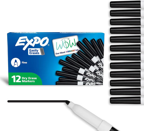 Dry Erase Markers, Low Odor Ink, Black, Fine Tip, 12 Count - Easily Erases, Vibrant Ink, Ideal for Classroom, Back to School Supplies, Teachers, Office, Whiteboard & Home