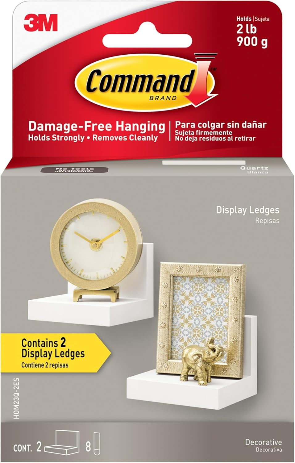 Display Ledges, Holds up to 2 Lb, Quartz, 2 Ledges with 8 Medium  Strips, Damage Free Hanging Floating Shelf with Adhesive Strips, Personalize Living Room, Bedroom, Kids Room or Office