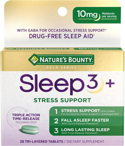 Stress Support Melatonin by , Sleep3 Maximum Strength 100% Drug Free Sleep Aid, Dietary Supplement with Ashwagandha, Time Release Technology, 10Mg, 28 Tri-Layered Tablets