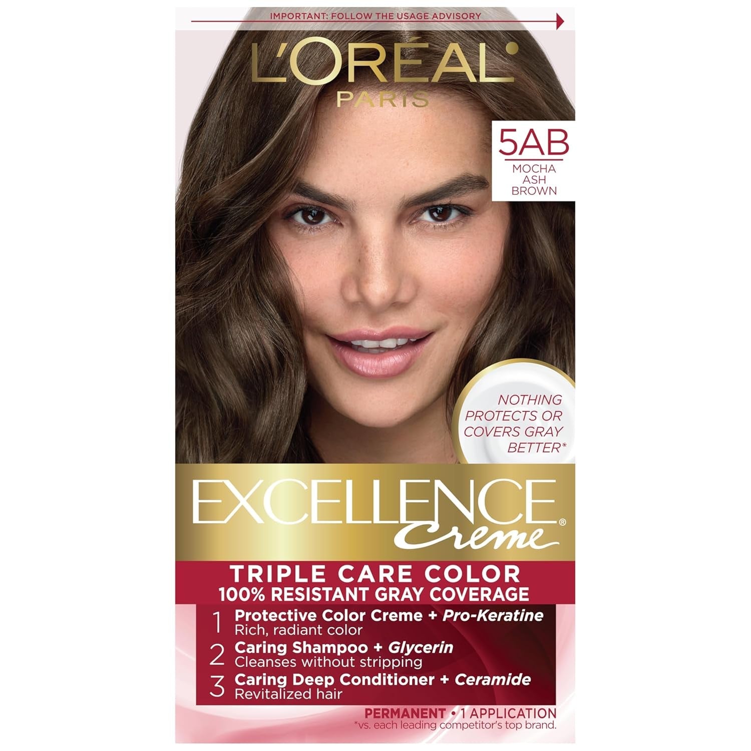Excellence Creme Permanent Triple Care Hair Color, 5AB Mocha Ashe Brown, Gray Coverage for up to 8 Weeks, All Hair Types, Pack of 1