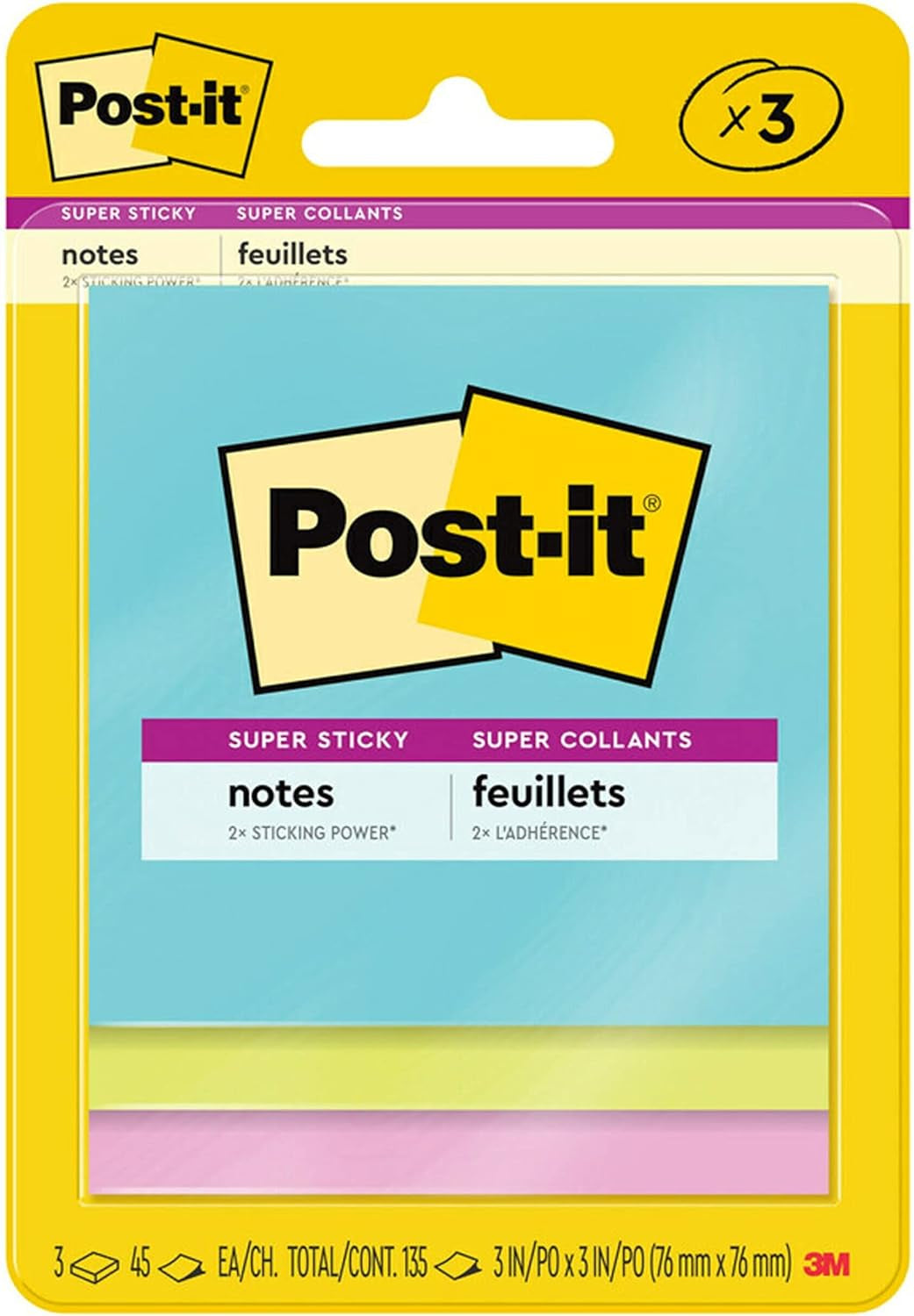 Super Sticky Notes, 3X3 In, 3 Pads, 2X the Sticking Power, Supernova Neons, Bright Colors, Recyclable (3321-SSMIA)