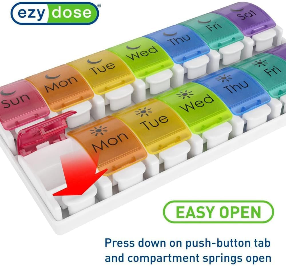 Weekly (7-Day) Pill Case, Medicine Planner, Vitamin Organizer, 2 Times a Day AM/PM, Removeabale Trays, Large Push Button Compartments, Easy to Use, Arthritis Friendly, Rainbow Lids, BPA Free