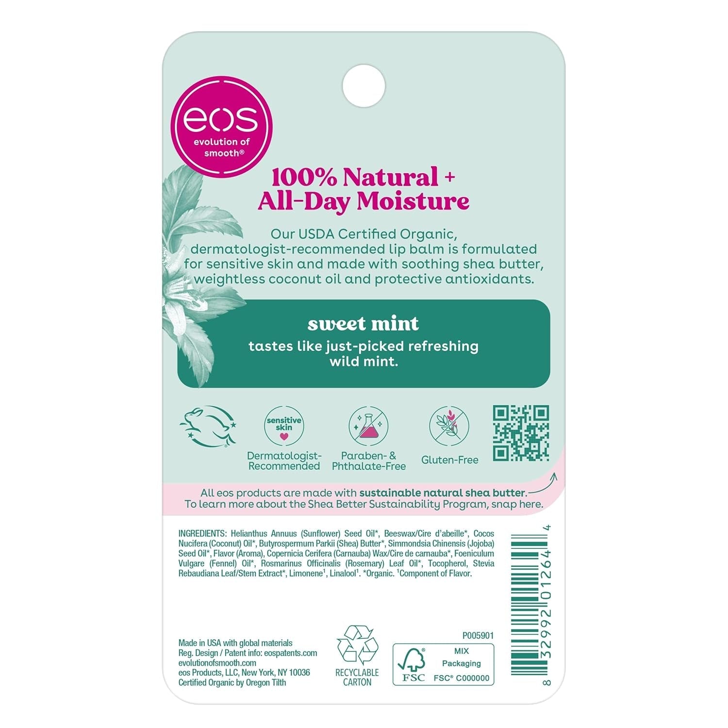 100% Natural & Organic Lip Balm Sticks - Sweet Mint, All Natural Lip Balm, All-Day Moisture, Dermatologist Recommended, 0.14 Oz, 2-Pack