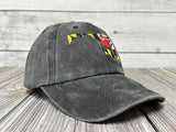 Embroidered Maryland State Flag Hat for Kids Women Men, Washed Black Distressed Denim Baseball Cap Adjustable Dad Hat Unisex