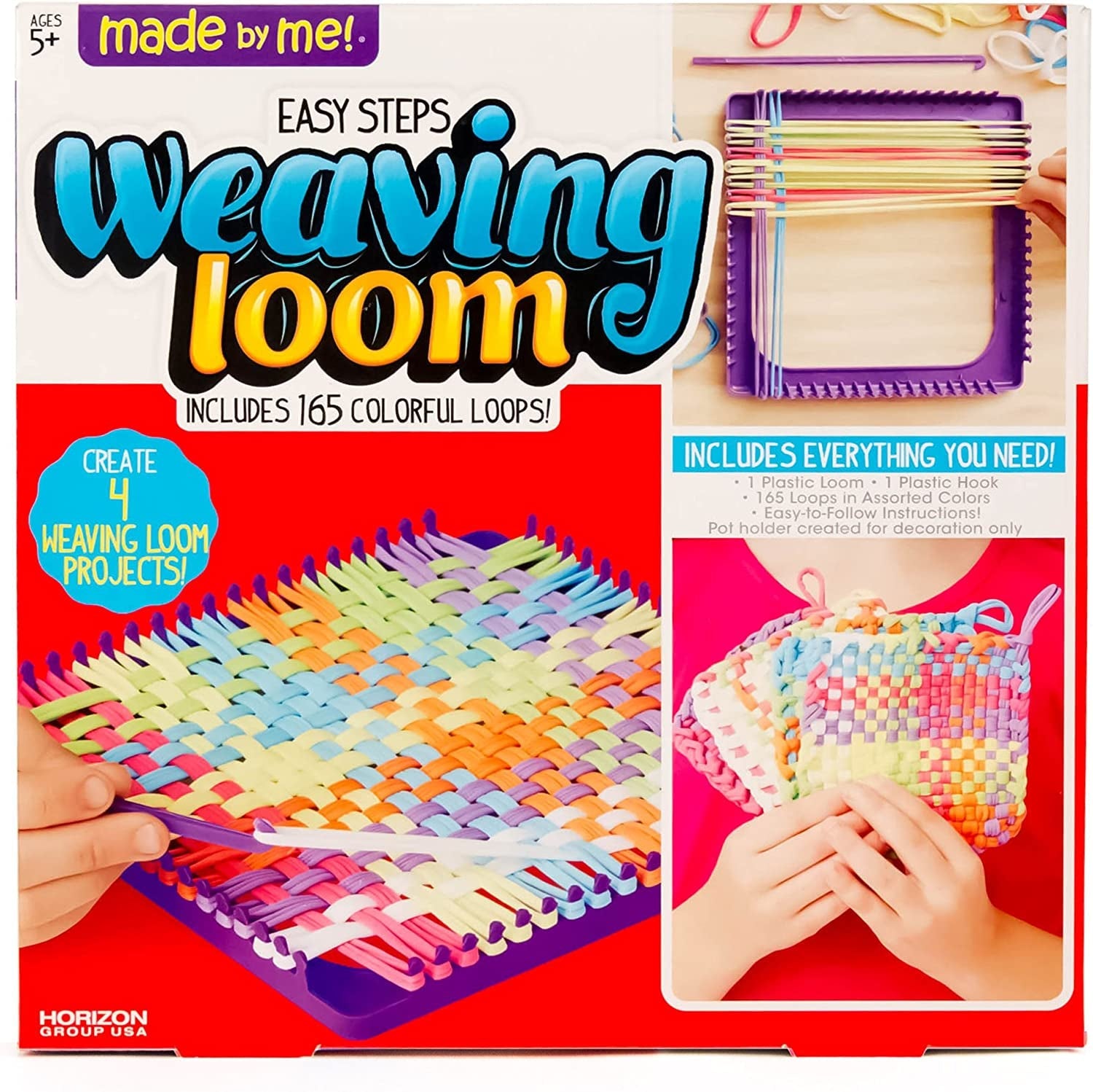 Easy Steps Weaving Loom for Kids, Includes 165 Loom Loops & 1 Weaving Loom with Loom Hook, Makes 4 Projects, Hook & Loop Potholder Kit, DIY Weaving Kit, Potholder Loom Kit, Kids Crafts