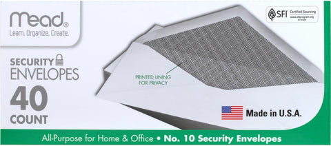 #10 Envelopes, Security Printed Lining for Privacy, Gummed Closure, All-Purpose 20-Ib Paper, 4-1/8" X 9-1/2", White, 40 Letter Size Envelopes per Box (75214)