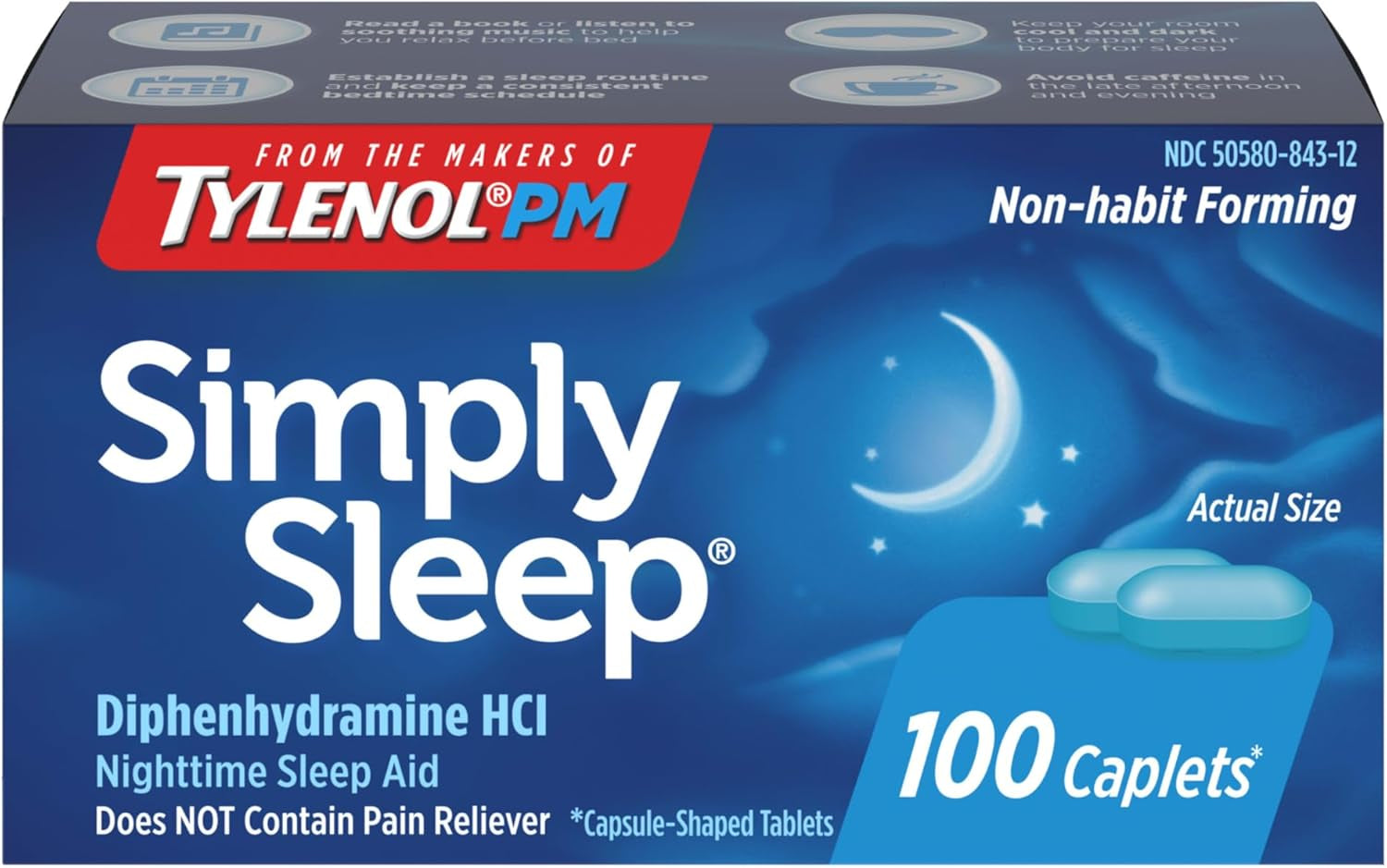Simply Sleep Nighttime Sleep Aid Caplets, 25 Mg Diphenhydramine Hcl, Non-Habit Forming Sleep Aid for Adults, 100 Count