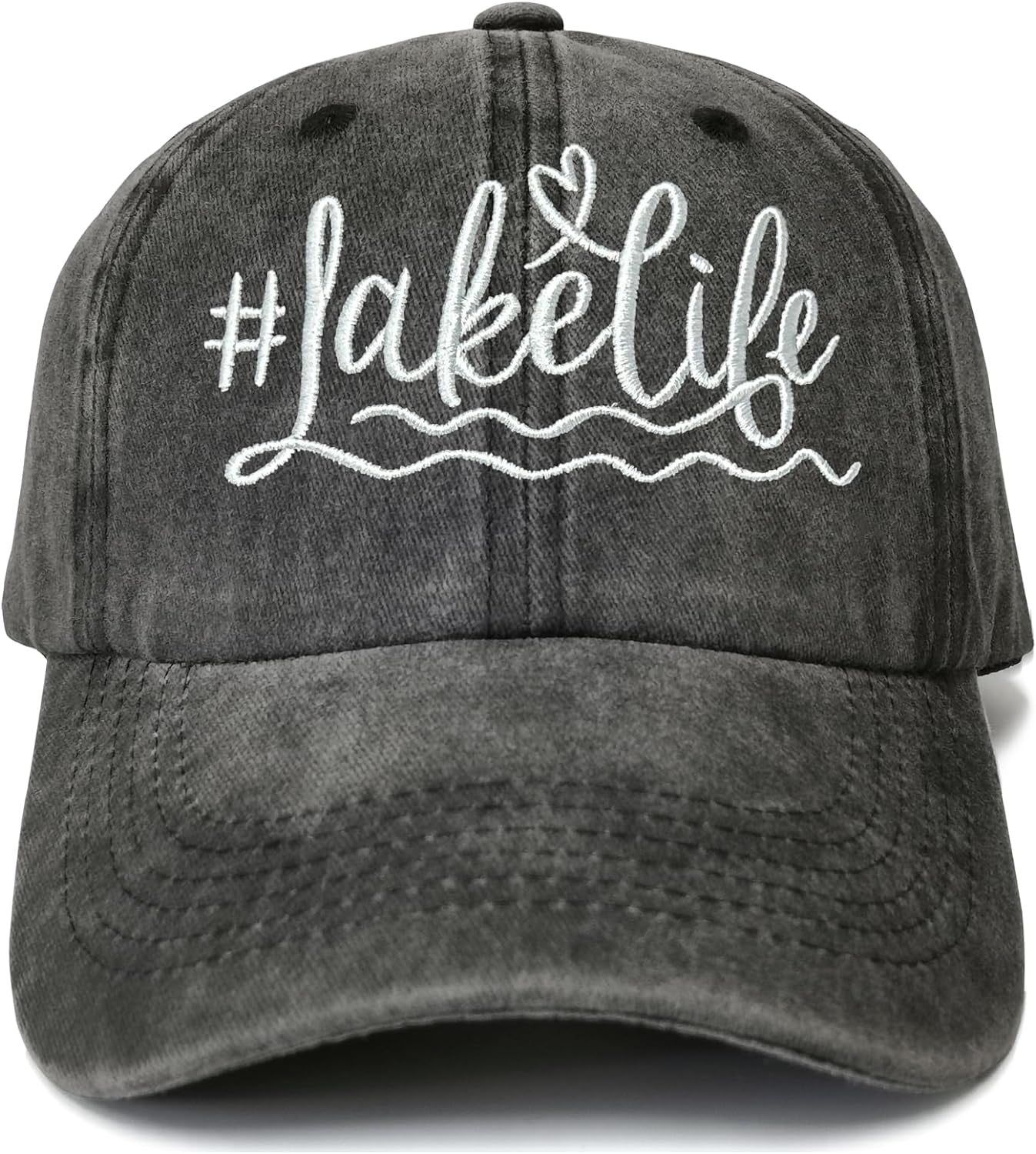 Embroidered #LakeLife Hat Distressed for Men Women, Washed Black Cotton Adjustable Beach Life Unisex Baseball Cap Dad Hat