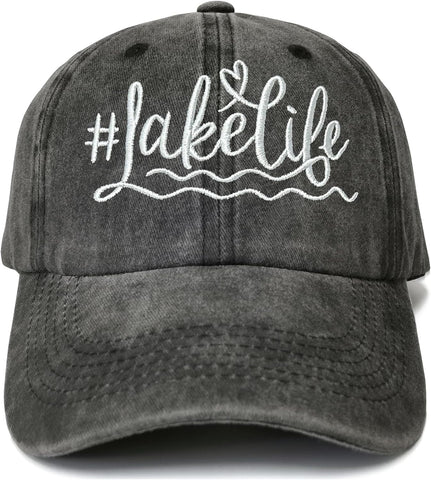 Embroidered #LakeLife Hat Distressed for Men Women, Washed Black Cotton Adjustable Beach Life Unisex Baseball Cap Dad Hat