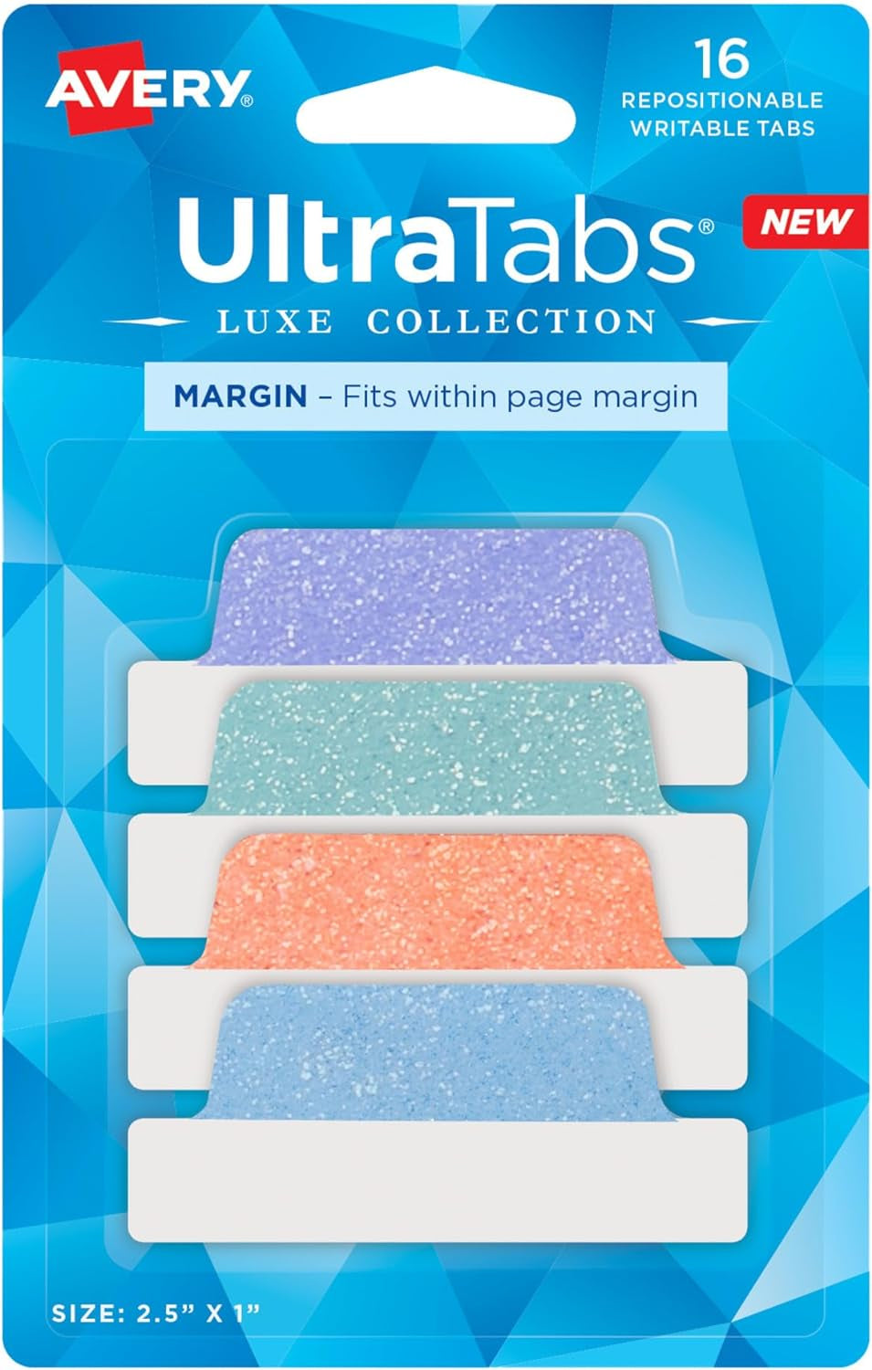 Margin Ultra Tabs, 2.5" X 1", Pastel Sparkle Shimmer Designs, 16 Repositionable Page Tabs (74150)